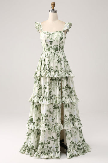 Verde Floral Ruffles Tiered Prom Dress com Fenda